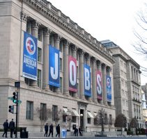U.S. Chamber headquarters displaying JOBS banner