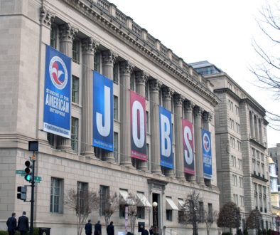U.S. Chamber headquarters displaying JOBS banner