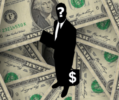 illustration of secretive figure on top of money