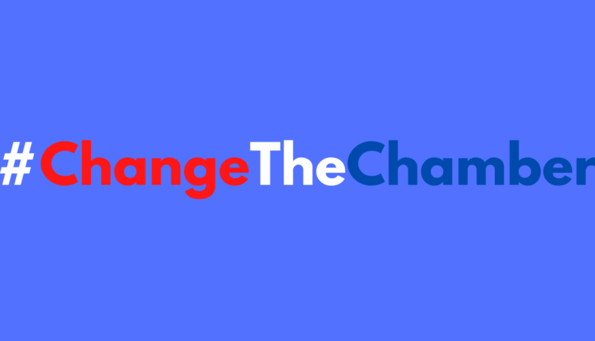 Red, white and blue text that says #ChangeTheChamber
